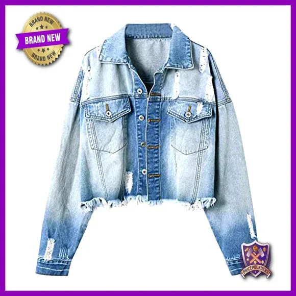 Cropped Distressed Denim Jacket Vintage Frayed Hem Oversized Boyfriend Fit